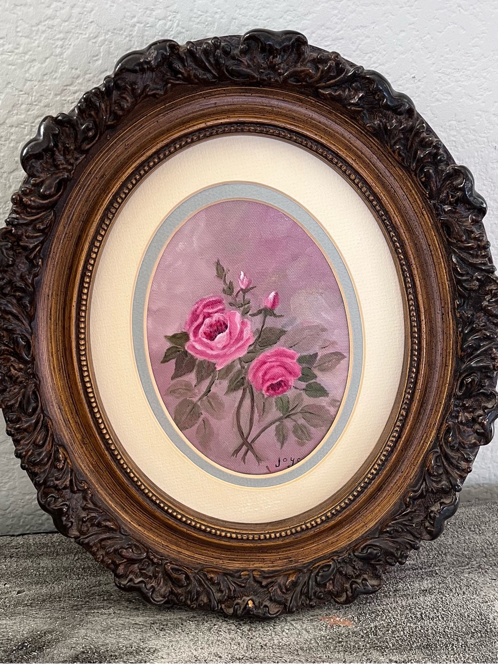 Vintage Signed Hand Painted Floral Painting Pink Roses Ornate Oval Frame 13"